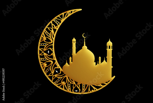 Islamic ramadan kareem 3d rendering of arabian crescent moon. Ramadhan mubarak, isra miraj and eid al fitr concept.