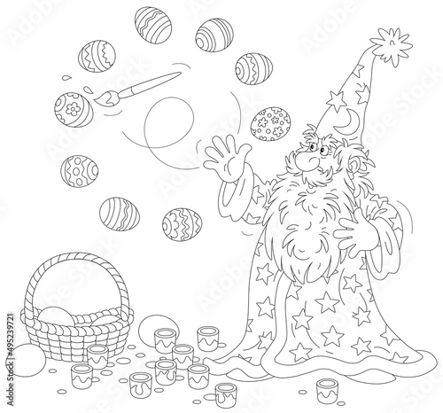 Old wizard with a big beard coloring and decorating Easter gift eggs with a magic flying paintbrush and bright paints, black and white vector cartoon illustration for a coloring book