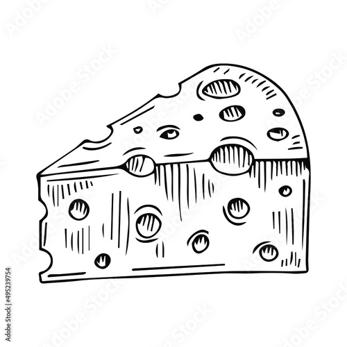 Vector cheese with a black line. Simple food and cooking illustration in doodle style on a white isolated background hand drawn. Design for social networks,web,advertising,banners,menus,recipes.