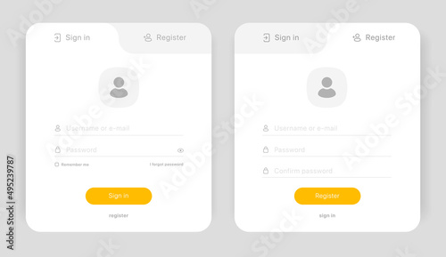 Set of Sign Up and Sign In forms. Registration and login forms page. Professional and User-friendly web and UI UX design elements. Modern Sign in and Register page. Username, email and password.