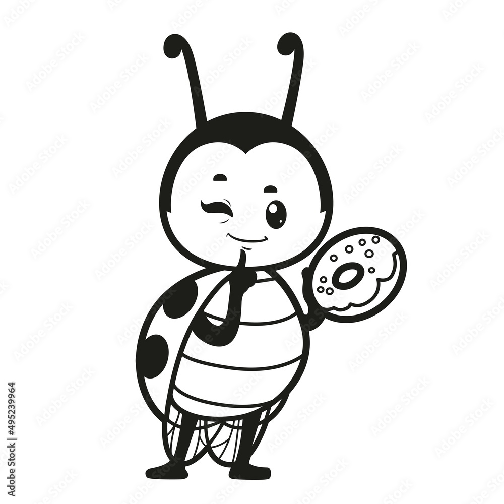 Cute cartoon ladybug with tasty donut outlined for coloring page on white background Cute cartoon ladybug with tasty donut outlined for coloring page on white background