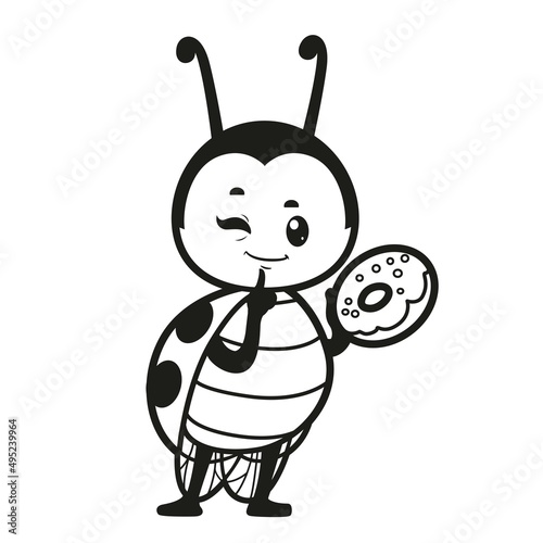 Cute cartoon ladybug with tasty donut outlined for coloring page on white background