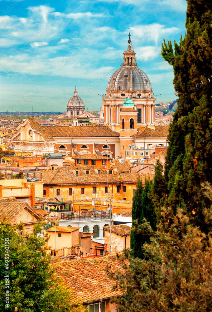 Rome aerial view from monte pincio viewpoint at Villa Borghese.