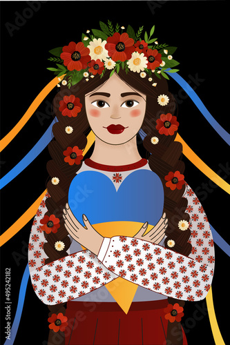 The Ukrainian woman in a wreath with poppies and daisies in a traditional vyshyvanka holds a heart with the flag of Ukraine. Pray for peace Ukraine. Vector illustration. Save Ukraine concept.