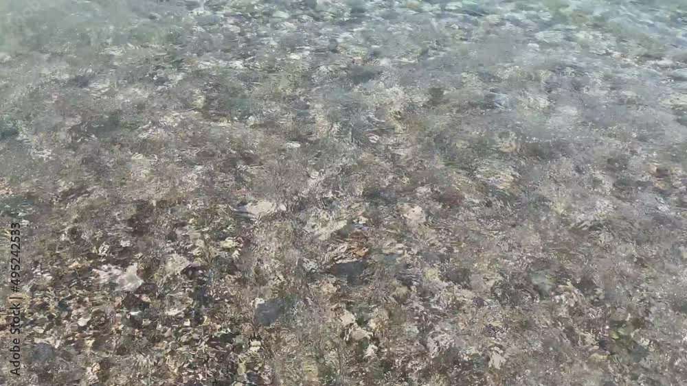 Top view of beautiful natural stones and sand under warm sea water with waves, stains on the water in the ocean, sea, river, lake. Background, texture Top view of beautiful natural stones and sand under warm sea water with waves, stains on the water in the ocean, sea, river, lake. Background, texture