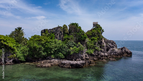 Fisherman wooden house build on the rock at Koh Maphrao Island in Chumphon
