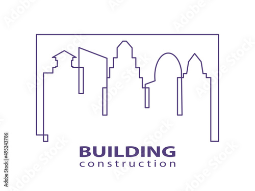 Buildings logo. Construction working industry concept. Skyscraper silhouettes. Building construction logo in violet on white background for your web site design, app, UI. EPS10.