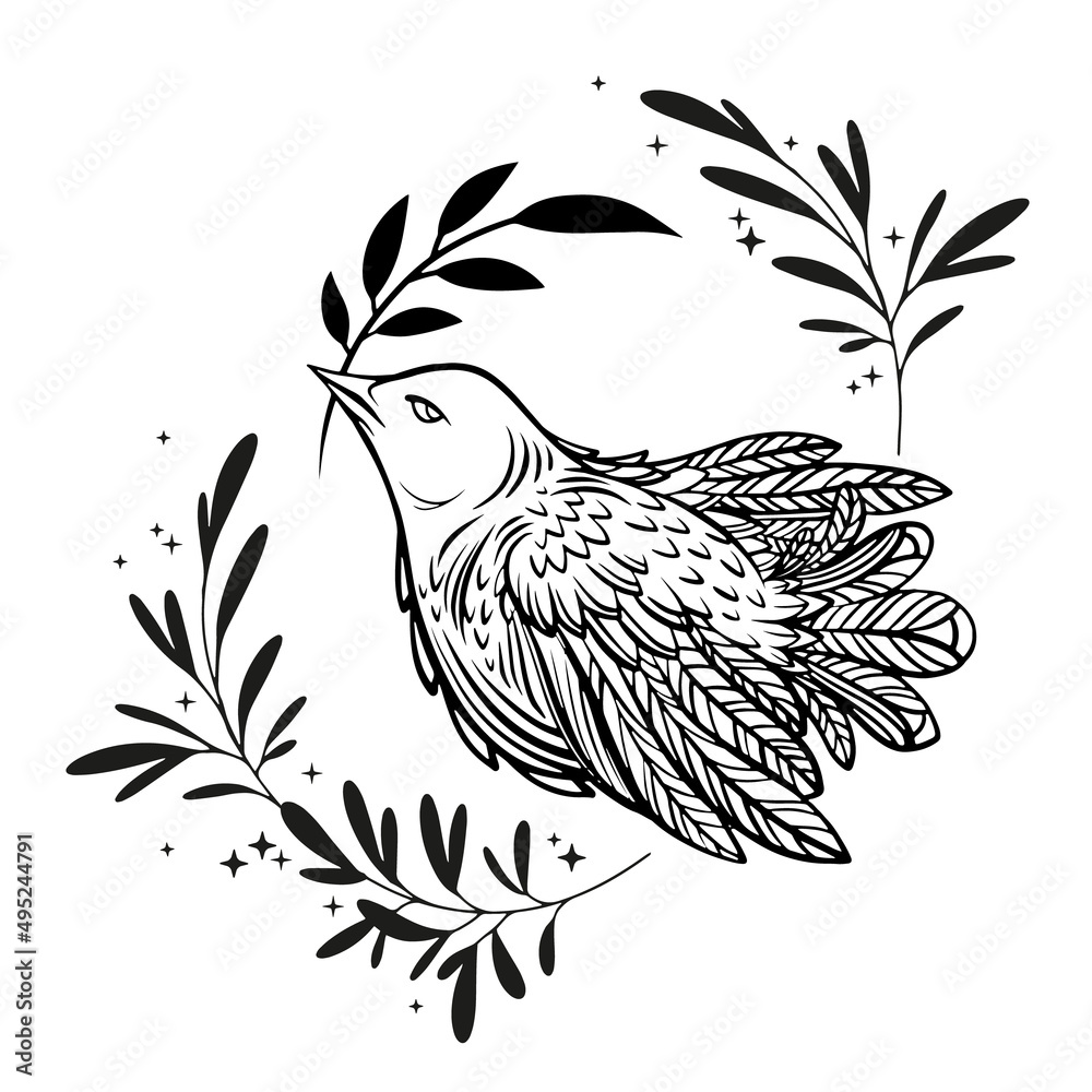 White dove with olive branch, bird, florals and branches vector collection. International Day of Peace concept, symbol of love and freedom White dove with olive branch, bird, florals and branches vector collection. International Day of Peace concept, symbol of love and freedom