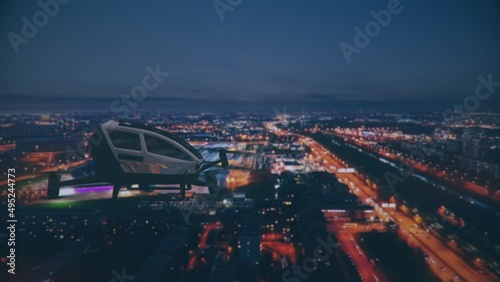 Autonomous driverless aerial vehicle flying on city background, Future transportation with 5G technology concept photo