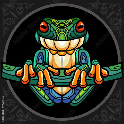 Colorful green frog  zentangle arts, isolated on black background