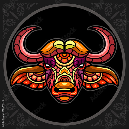 Colorful Buffalo zentangle arts, isolated on black background