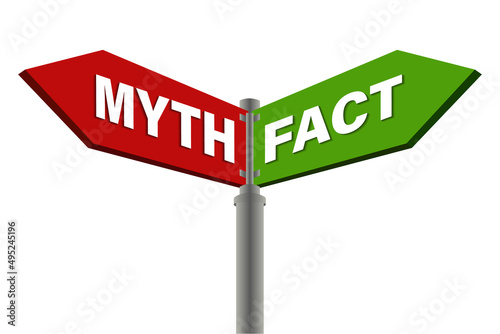 Sign direction with myth and fact vector illustration. 3d  signpost for true or false facts, guide arrows on pole for making human choice, way on road, idea or decision isolated on white