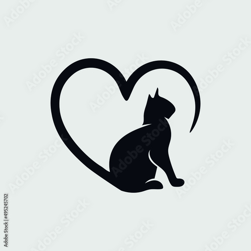 Heart and cat love logo sign. Design flourish element for valentine card. Vector illustration. Romantic symbol wedding. Template for t shirt, banner, poster.
