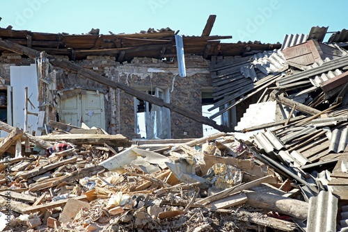 War in Ukraine. Destroyed Ukrainian house in the city of Kharkov as a result of the attack of the Russian army on Ukraine. Russian military aggression against Ukraine.