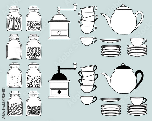 カフェセットの手書きイラスト01-線画-背景カラー