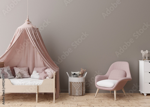 Empty brown wall in modern child room. Mock up interior in scandinavian style. Free, copy space for your picture, poster. Bed, toys. Cozy room for kids. 3D rendering.