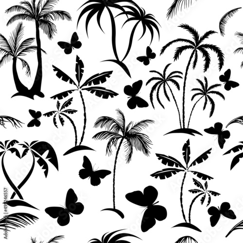 Vector seamless tropical pattern with palm and with butterflies tree on white background. Vector floral illustration for textile, print, wallpapers