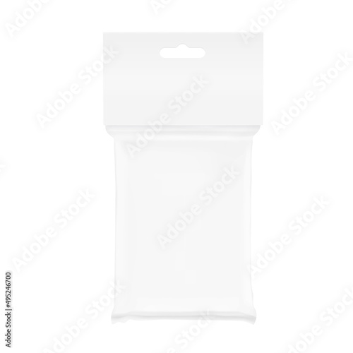 Stand bag with a cardboard label. Vector illustration isolated on white background. Ready for your design. Suite for the presentation of diaper, wet wipes, foods, household, etc. EPS10.	