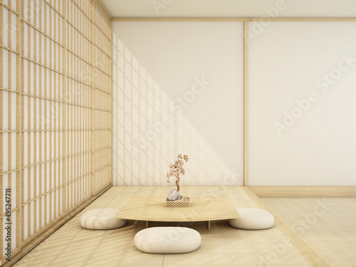 Photography interior design,modern living room with table,wood floor and tatami mat and trad