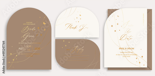 Modern wedding invitation template, arch shape with gold moon and star and handmade calligraphy. photo