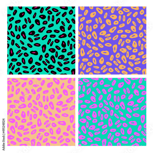 Fashion set of abstract bright seamless patterns. Pink, green, lilac colors. For printing on textiles, paper, accessories.