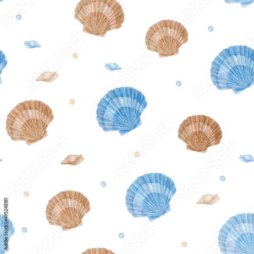 Watercolor seamless pattern on white background. Sea shells watercolor hand drawn for banner, poster, print, postcard, textile, template.