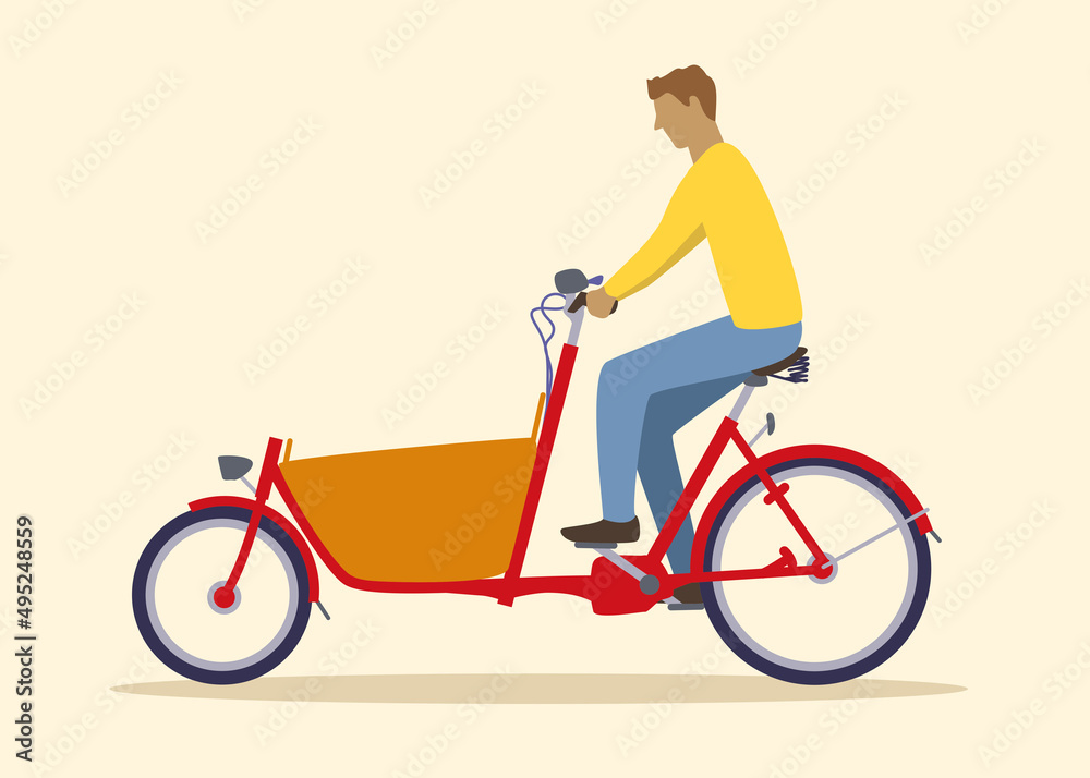 Fototapeta premium Colorful vector illustration of a man on a red freight bicycle