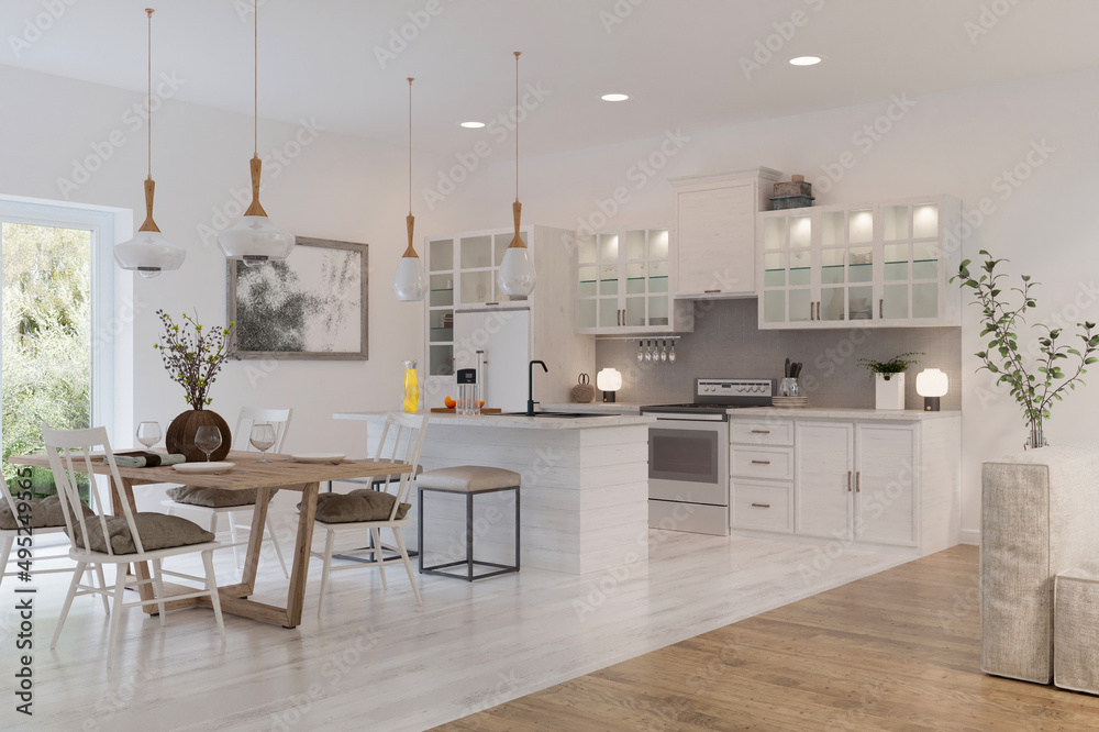 White stylish minimalist kitchen with white wooden furniture. Scandinavian interior design. 3D illustration