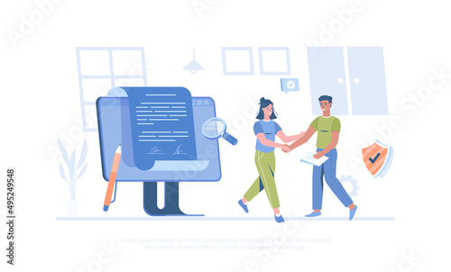 Online electronic agreement and digital signature. Business people signed an electronic contract. Cartoon modern flat vector illustration for banner, website design, landing page.