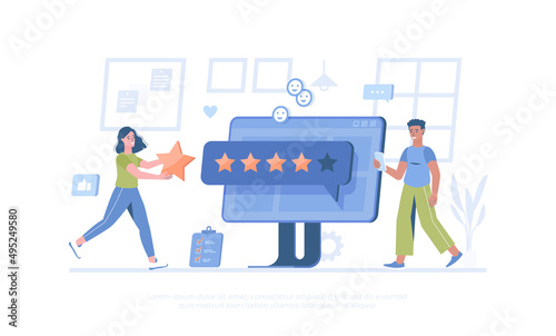 Best feedback, five star rating. Customer client positive review. User satisfaction, recommendations. Cartoon modern flat vector illustration for banner, website design, landing page.