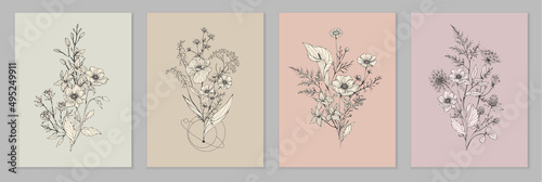 Trendy floral branch and minimalist flowers for logo or decorations. Hand drawn line wedding herb, elegant leaves for invitation save the date card. Botanical rustic trendy greenery