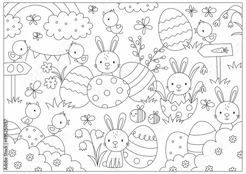 Happy Easter. Cute cartoon coloring page. Big vector coloring poster with bunny, eggs, birds. Printable worksheets	