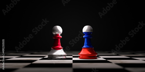 Battle of Russia and Japan which print screen on chess for business competition and military war conflict between both countries by 3d render.