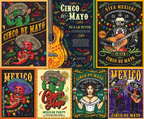 Mexican party colorful vintage posters set photo
