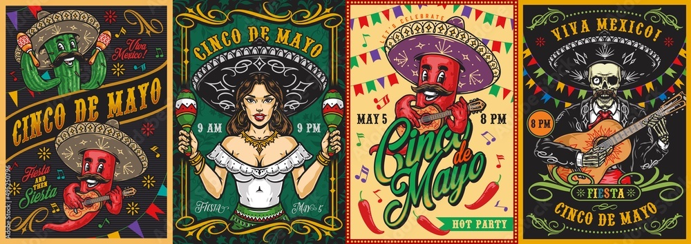 Creative posters set with Mexican characters