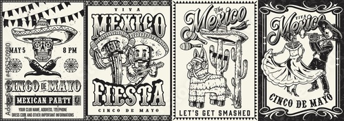 Mexican fiesta monochrome posters collection