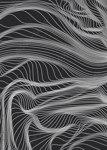 Linear abstraction. Black and white abstraction. Geometric abstraction. Black lines with waves. Black and white futuristic abstract background.
