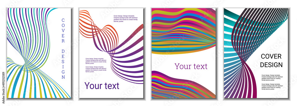A set of 4 abstract covers. Wavy parallel gradient lines, ribbons evolve. Cover design, background. Trendy banner, poster.