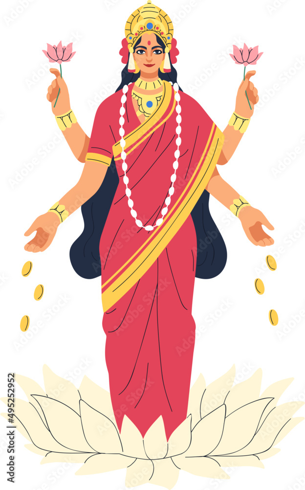 Indian Hindu Goddess Lakshmi Colored Cartoon Illustration Stock Vector |  Adobe Stock