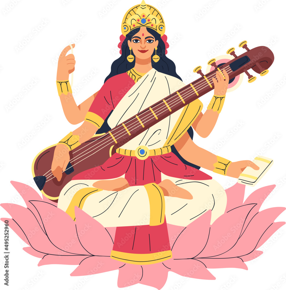 Indian Hindu Goddess Saraswati Colored Cartoon Illustration Stock