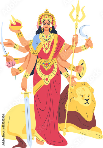 Indian Hindu Goddess Durga Colored Cartoon Illustration