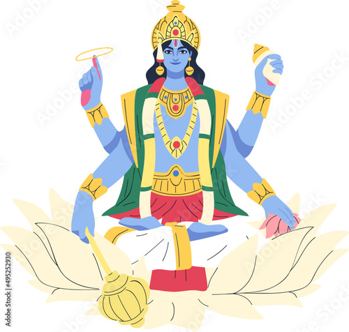 Indian Hindu Goddess Vishnu Colored Cartoon Illustration