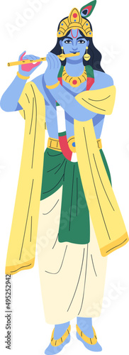 Indian Hindu Goddess Krishna Colored Cartoon Illustration