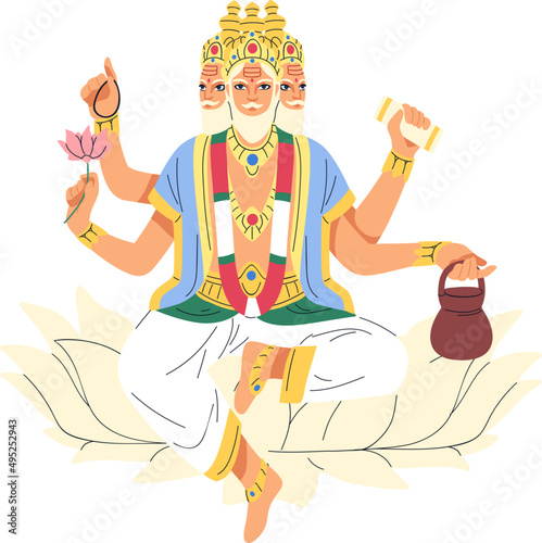 Indian Hindu God Brahma Colored Cartoon Illustration