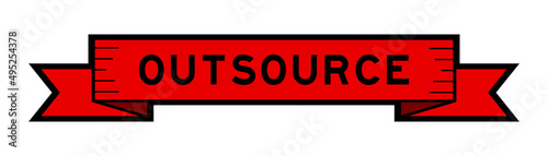 Ribbon label banner with word outsource in red color on white background