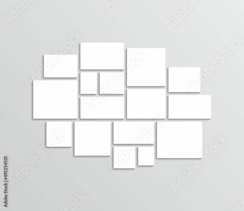 Photo collage template. Moodboard layout. Mood board background. Mosaic picture frame. Gallery banner. Scrapbook grid. Album brandboard. Retro photoframe. Portfolio memory images. Vector illustration