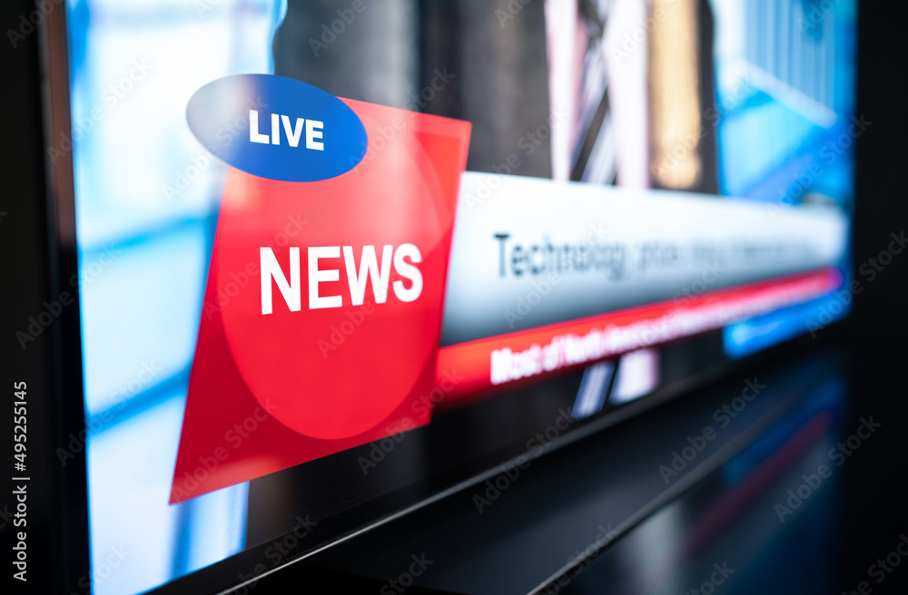Foto Stock Tv news live broadcast and production concept. Breaking