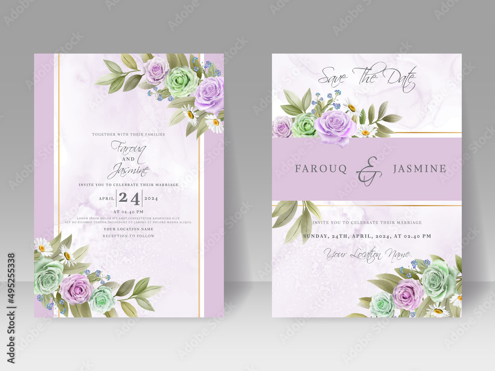 Soft green and Purple Rose wedding invitation