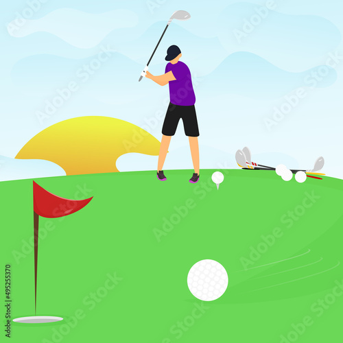 man playing golf at dawn. An accurate hit in the hole. Vector cartoon illustration in flat style