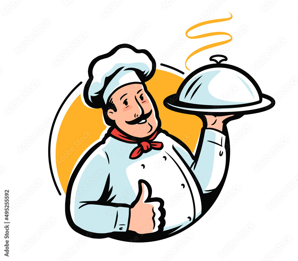 Cartoon chef character with tray emblem. Restaurant or cafe logo vector illustration Cartoon chef character with tray emblem. Restaurant or cafe logo vector illustration